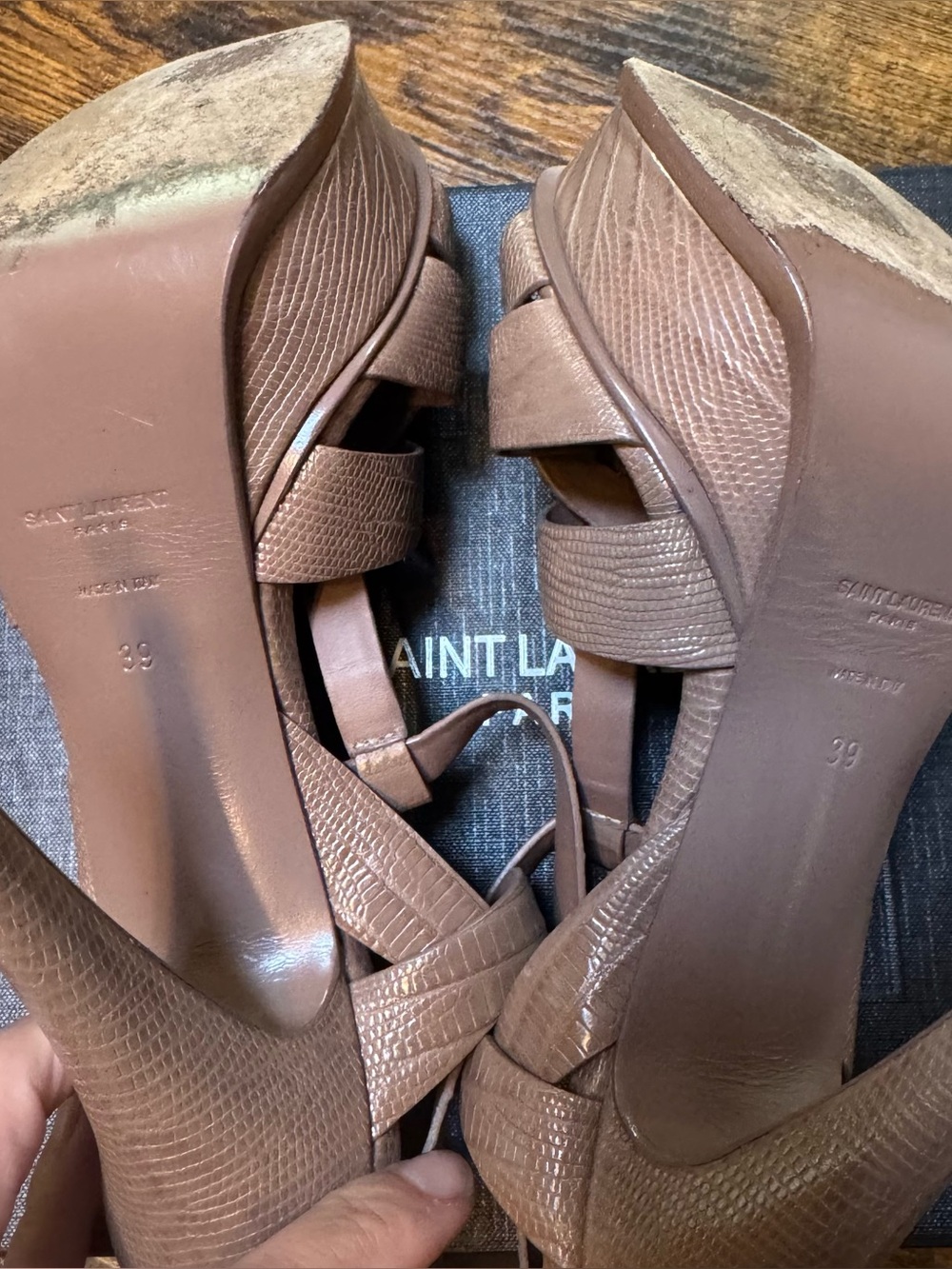 Saint Laurent Tan Croc-Embossed Leather T-Strap Sandals - Picture 8 of 16